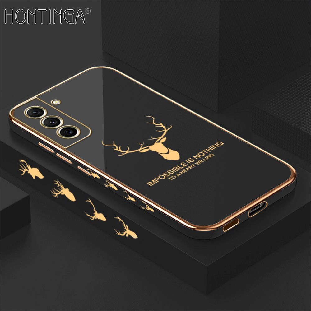 Hontinga for Samsung S21 FE 5G Back Cover + Free Lanyard Luxury 6D Plating Cartoon Lucky Side Pattern Case Soft Silicone Square Phone Cases
