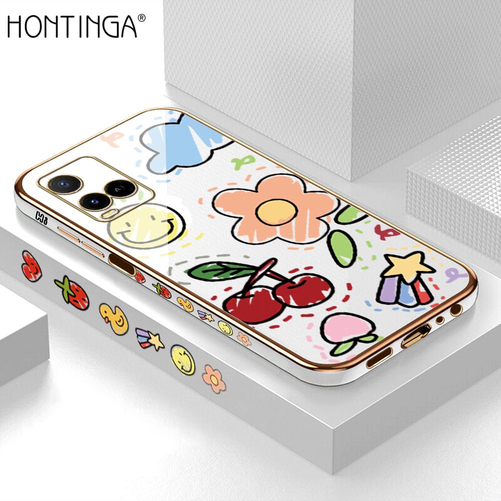Hontinga for Vivo Y33S Y21 2021 Y21S Back Cover + Free Lanyard Luxury 6D Plating Cartoon Cherry Peach Side Pattern Case Soft Silicone Square Mobile Cover