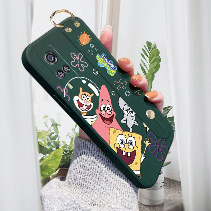 ZeroQiQi for Vivo Y31 2021 Wrist Strap Case Cute Cute Funny Cartoon Sponge for Square Pants Cover Square Edge Liquid Silicone Anti-drop Phone Case