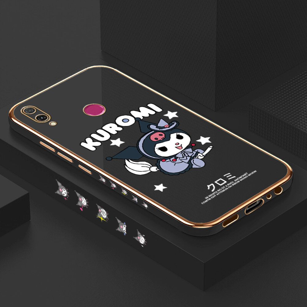 Luxury 6D Plating Soft Casing Silicone Square Frame Phone Case For Huawei Y9 2019 Case Shiny Bling Back Cover Cartoon Anime Character Cute Square Edge Pattern Design Soft Case + Free Lanyard