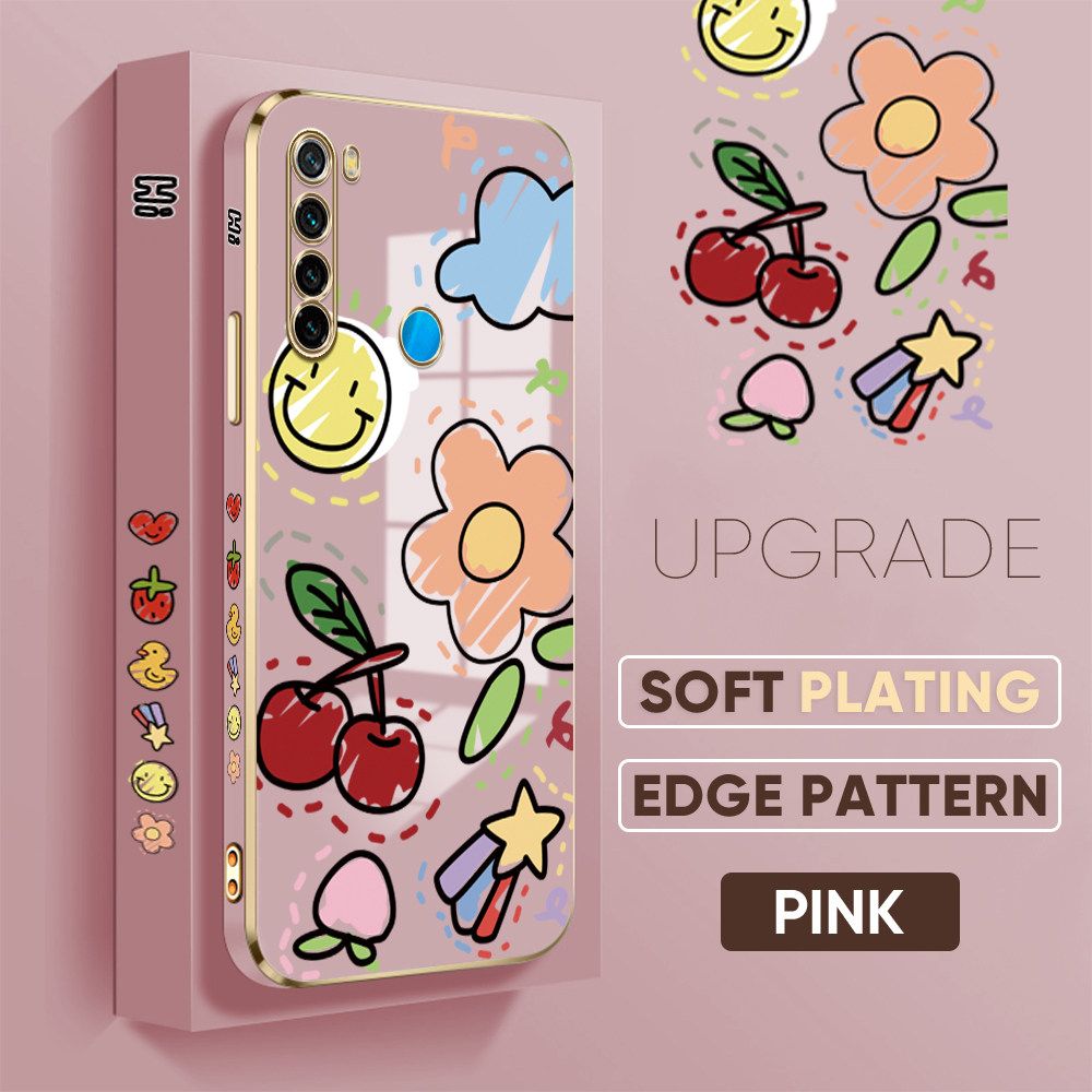 TA for Redmi Note 8 Back Cover + Free Lanyard Colorful Fruit Painting Luxury 6D Plating Case Side Pattern Soft Silicone Square Phone Cases