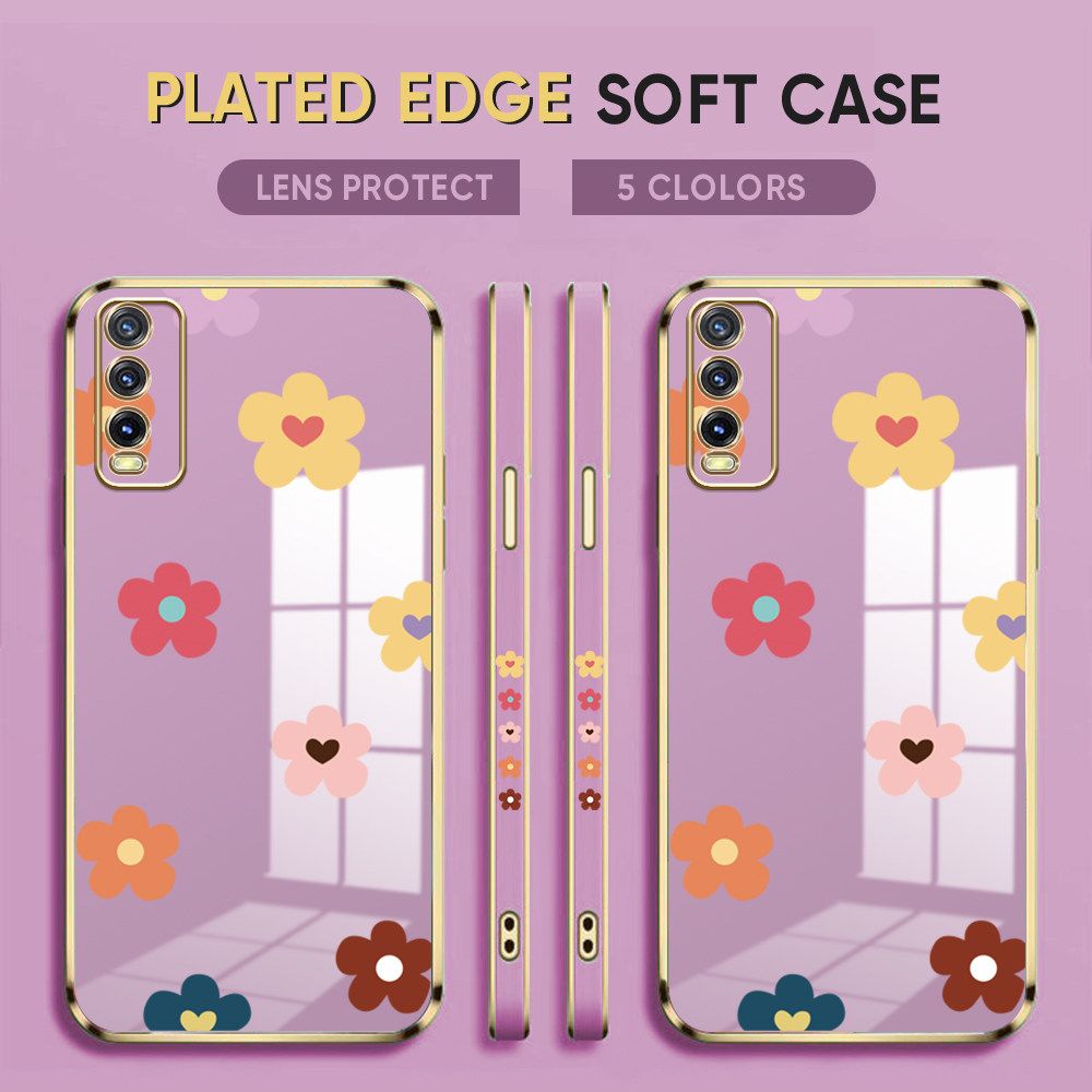 Luxury 6D Plating Case for Vivo Y20 Phone Cases Color Cartoon Flowers Side Print Soft Silicone Square Back Cover