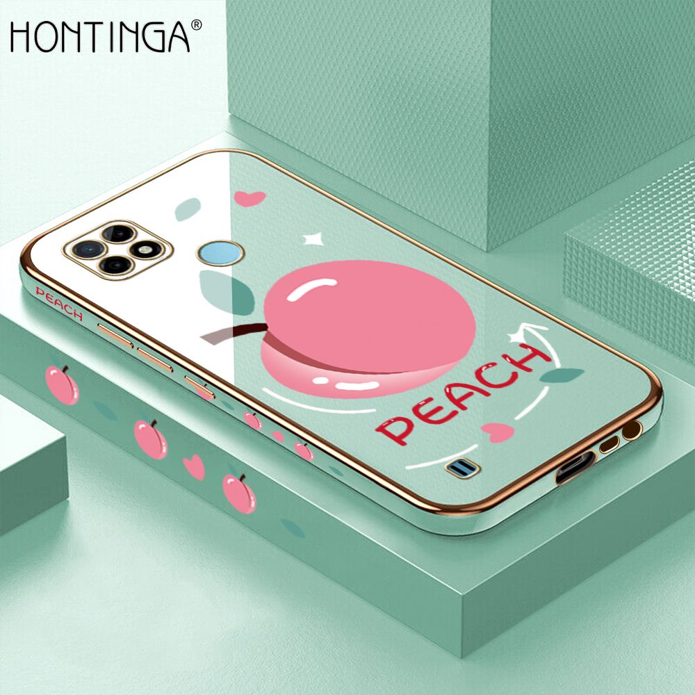 Hontinga for Realme C21Y C25Y Back Cover + Free Lanyard Luxury 6D Plating Cartoon Simple Peach Side Pattern Case Soft Silicone Square Mobile Cover