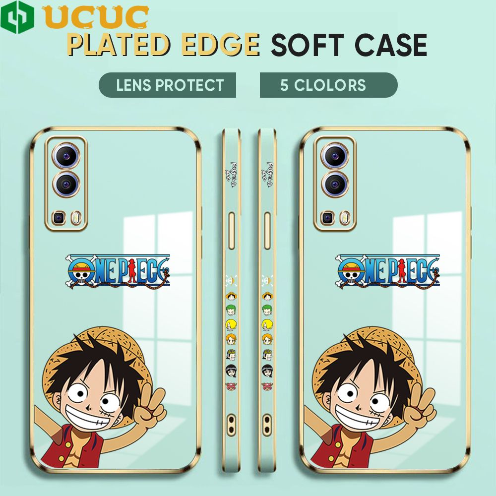 UCUC for Vivo Y72 5G / Y52 5G Back Cover + Free Lanyard Wave Luffy Luxury 6D Plating Case Side Pattern Soft Silicone Square Phone Cases