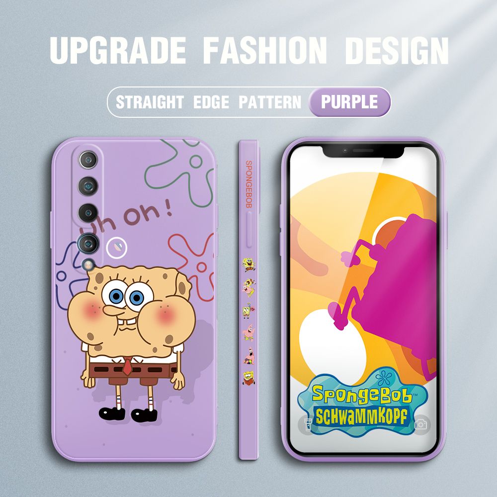 Jizetin for Xiaomi Mi 10 Case Side Design Phone Cover New Cartoon SpongeBob SquarePants Cover Square Edge Pattern Liquid Silicone Trend Case