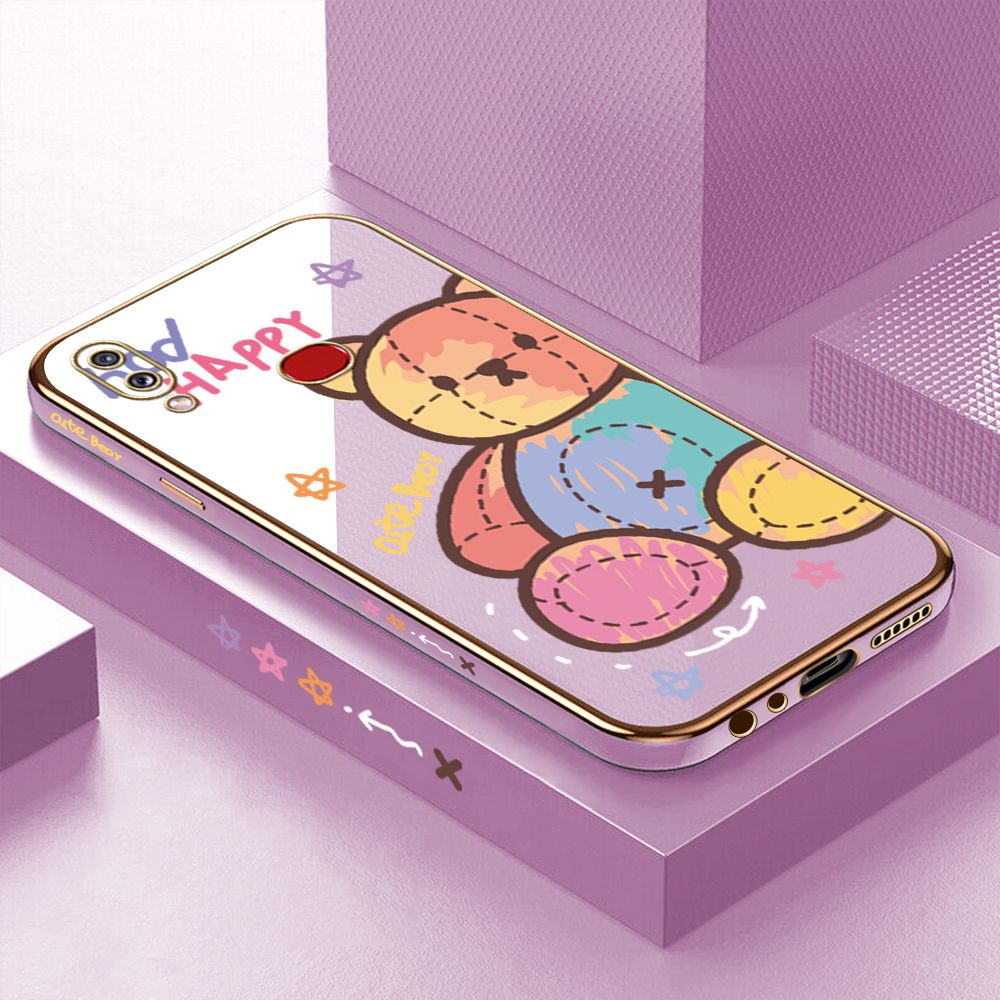 Luxury 6D Plating Case for Samsung A10S Color Cartoon Doll Bear Side Pattern Back Cover Soft Silicone Square Phone Cases + Free Lanyard