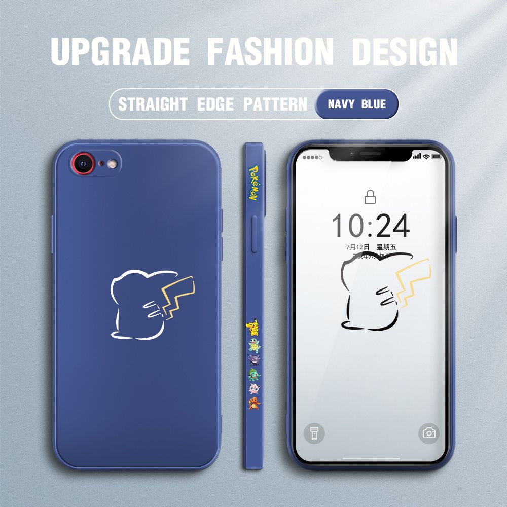 Jizetin for iPhone 7 / iPhone 8 / SE 2020/SE 2022 Case New Pikachu Pokémon Design Side Design Phone Case Square Edge Pattern Liquid Silicone Cases Full Cover Camera Soft Protection Case