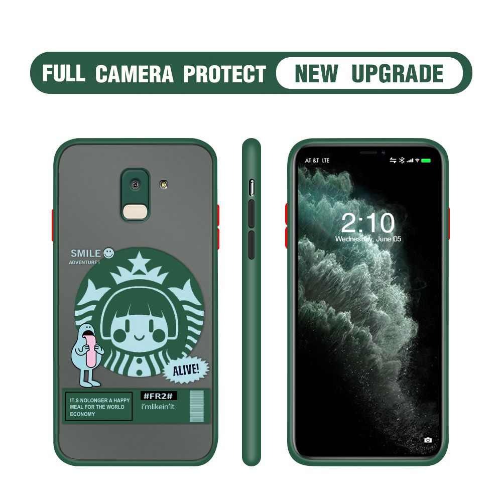 Hontinga for Samsung J6 2018 Case Cute Coffee Girl Camera Shockproof Protection Casing Edge Frosted Transparent Phone Cover