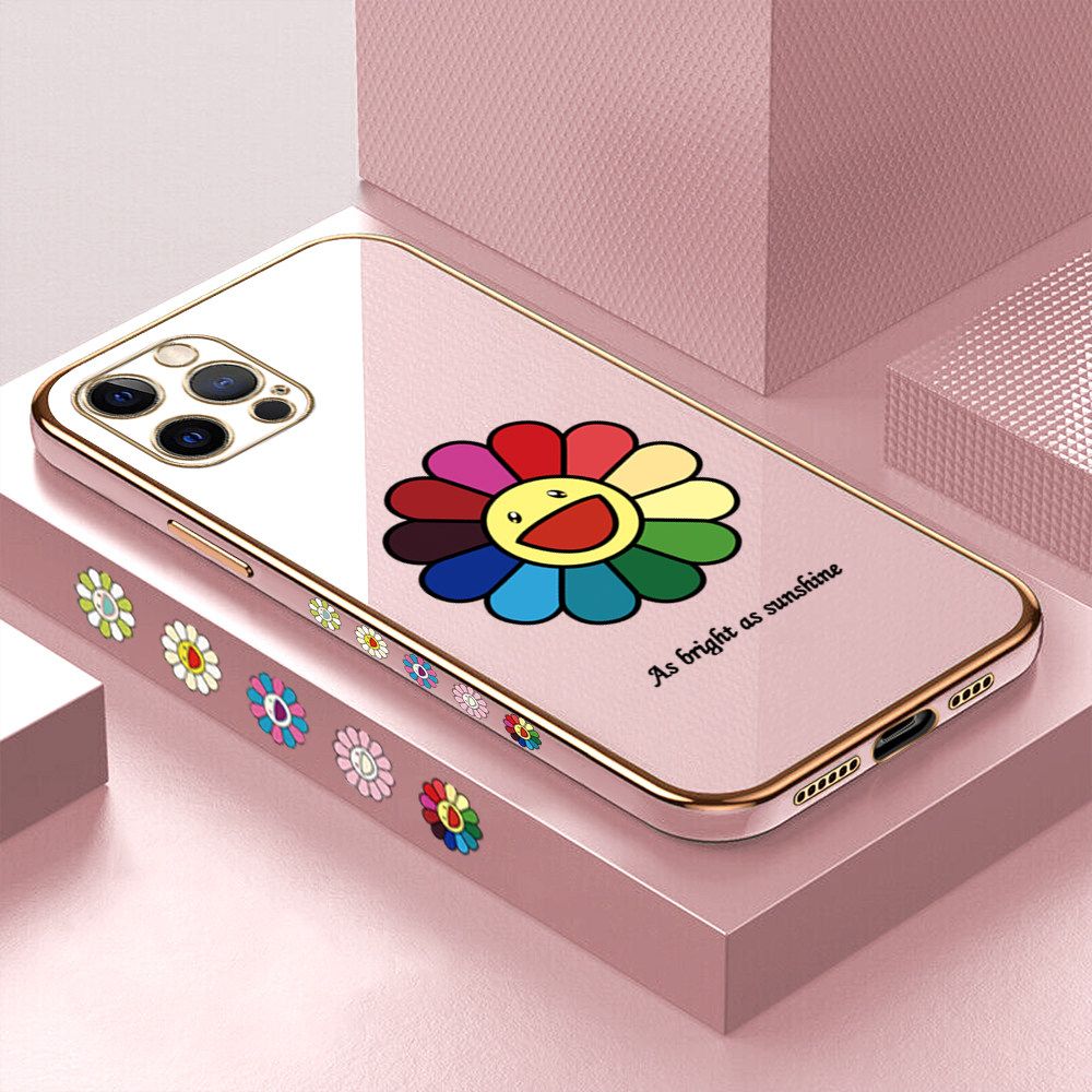 Luxury 6D Plating Case for iPhone 12 Pro Max Colored Sunflower Side Pattern Back Cover Soft Silicone Square Frame Shiny Bling Phone Cases + Free Lanyard
