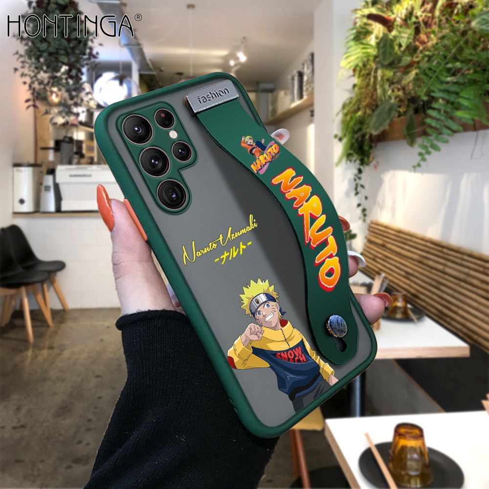 Hontinga for Samsung S22 Ultra 5G Back Cover With Wristband Uzumaki Naruto Phone Casee Full Lens Protection Thin Frosted Cases