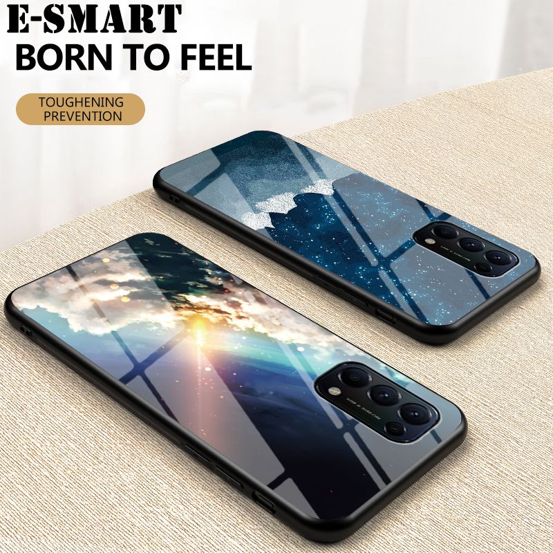Phone Case OPPO Reno 5 Pro Back Cover Starry Moon and Star Tempered Glass Protector Couple Phone Cases for OPPO Reno5 Pro Case