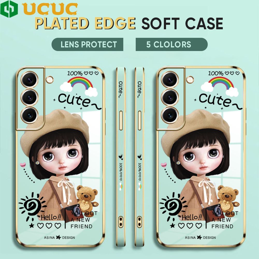 UCUC for Samsung Galaxy S22 5G Back Cover + Free Lanyard Sunshine Girl Luxury 6D Plating Case Side Pattern Soft Silicone Square Phone Cases