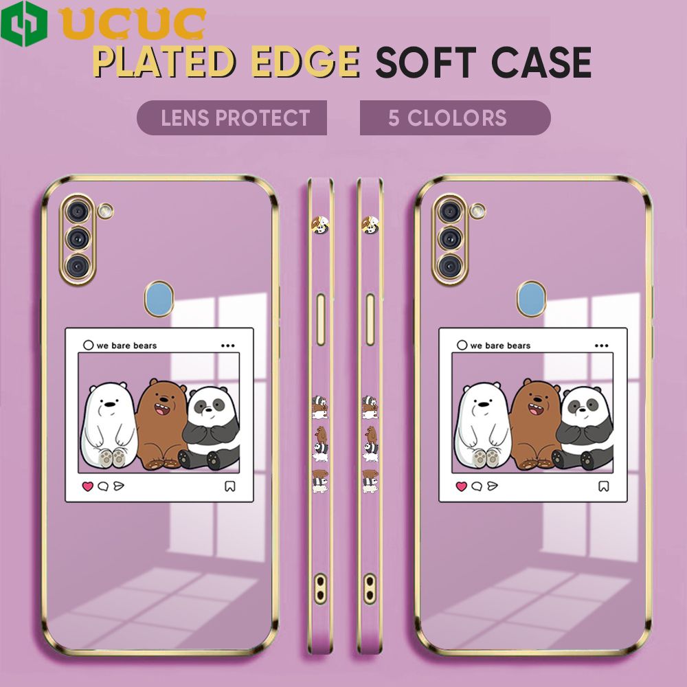 UCUC for Samsung Galaxy M11 Cover Bears Photo Luxury 6D Plating Soft Casing Silicone Square Frame Phone Case Shiny Bling Back Cover + Free Lanyard