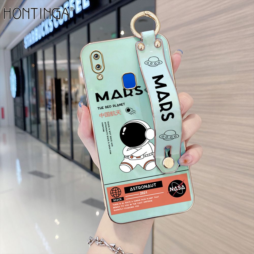 Hontinga for Vivo Y91 / Y95 Back Cover With Wristband Luxury 6D Plating Cute Space Astronaut  Case Soft Silicone Square Phone Cases