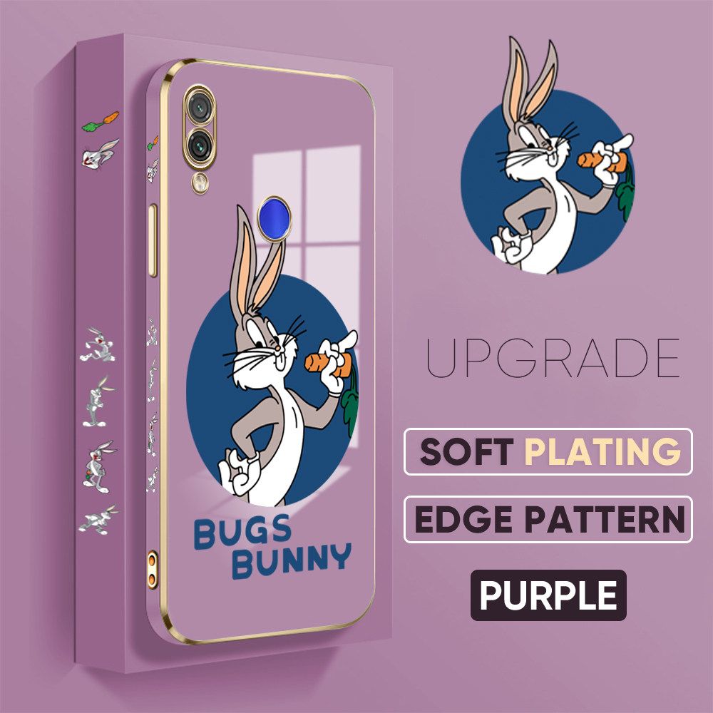 Jizetin (Free Lanyard) Redmi Note 7 / Note 7 Pro Back Cover Anime Rabbit Luxury 6D Plating Case Side Pattern Soft Silicone Square Mobile Phone Cases