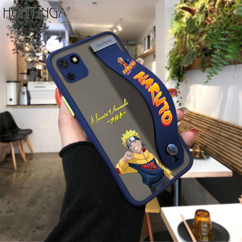 Hontinga for Huawei Y5P Back Cover With Wristband Uzumaki Naruto Phone Casee Full Lens Protection Thin Frosted Cases
