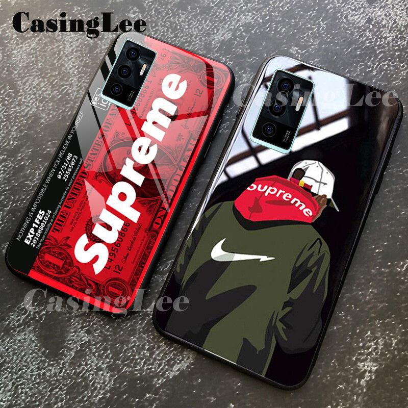 Casinglee for VIVO V23E Case Tempered Glass Protector Mirror Couple Back Cover SUP Supreme Design VIVO V23E case cover For girls and Boys