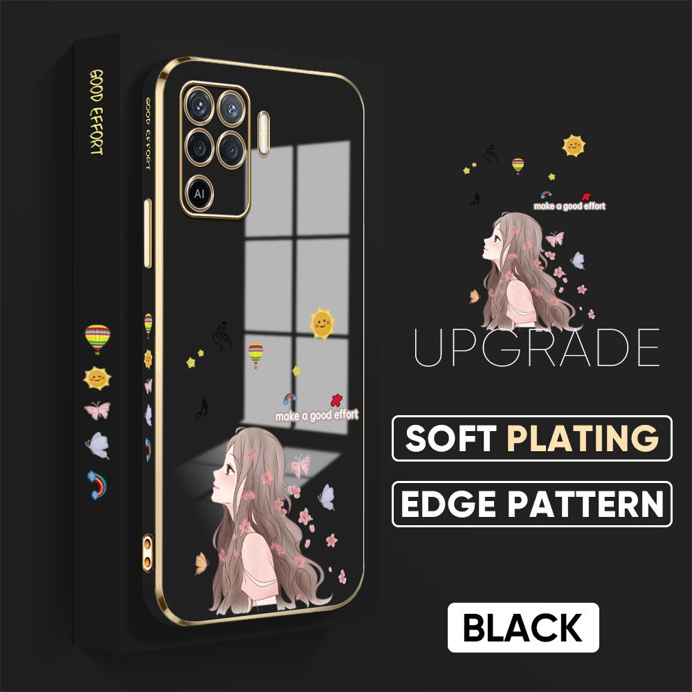 TA for OPPO F19 Pro / A94 4G / Reno 5 Lite / Reno5 F Back Cover + Free Lanyard Charming Girl Luxury 6D Plating Case Side Pattern Soft Silicone Square Phone Cases
