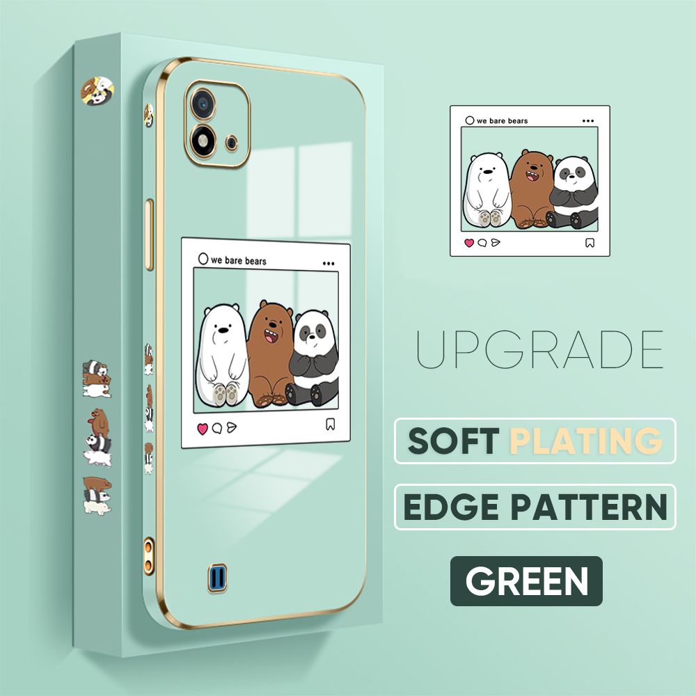 TA for Realme C20 / Realme C20A / Realme C11 2021 Back Cover + Free Lanyard Bears Group Photo Luxury 6D Plating Case Side Pattern Soft Silicone Square Phone Cases