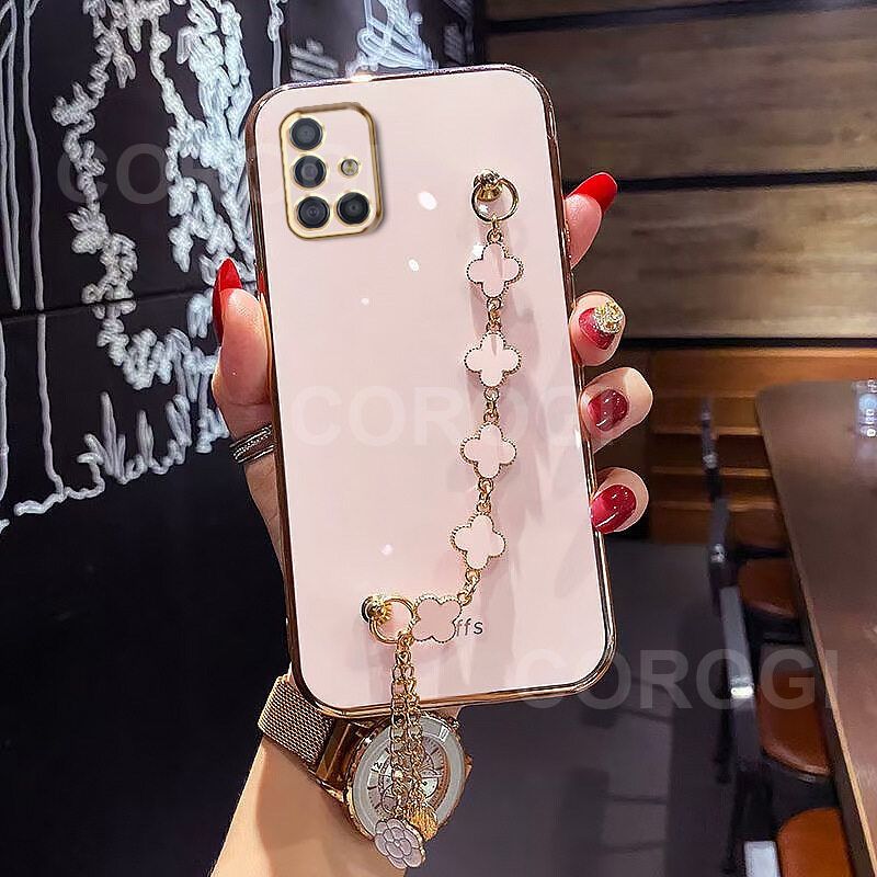 For Samsung Galaxy A51 Back Cover with Lucky Clover Wristband Chain Fashion Bracelet Shiny Plating Square Edge Bumper Phone Case Soft Silicone Bumper Protective Cover