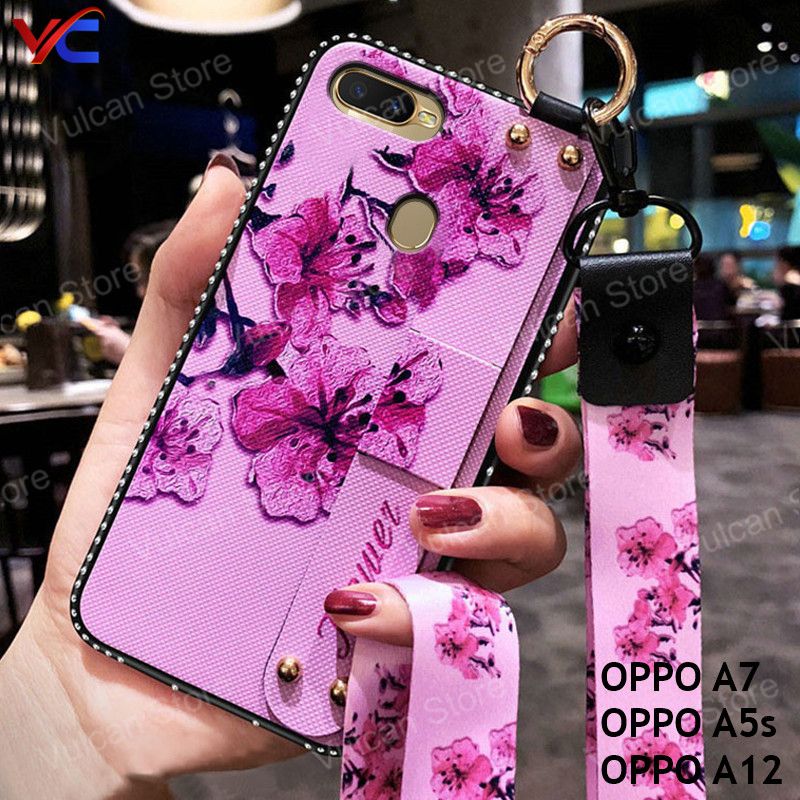 For OPPO A7 / OPPO A5s / OPPO A12 Case Broken Flower Silicon Soft Wristband Phone Cover + Lanyard