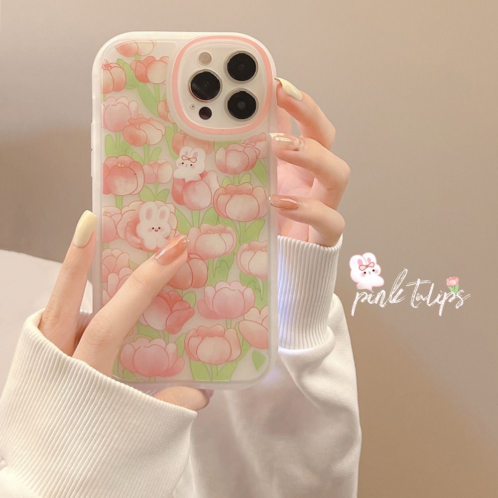 Pink Tulip Flower Case Soft Silicone Cover Mobile Phone Protective Case