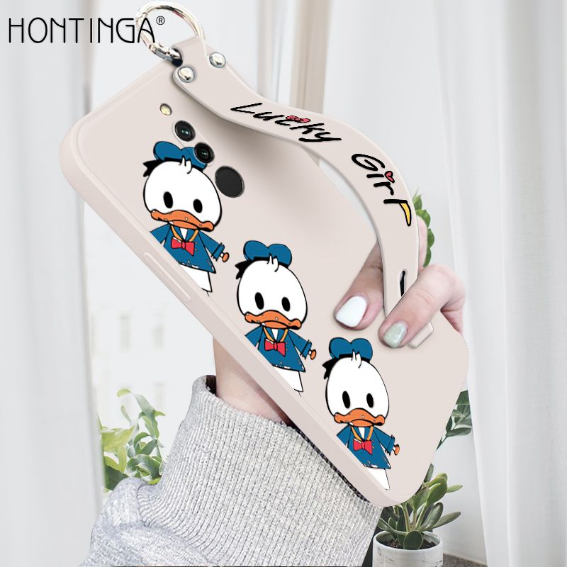 Hontinga for Xiaomi Redmi 8 Wrist Strap Case Cute Cartoon Little Duck Phone Case Square Edge Liquid Silicone Case Full Cover Camera Shockproof Protective Cases