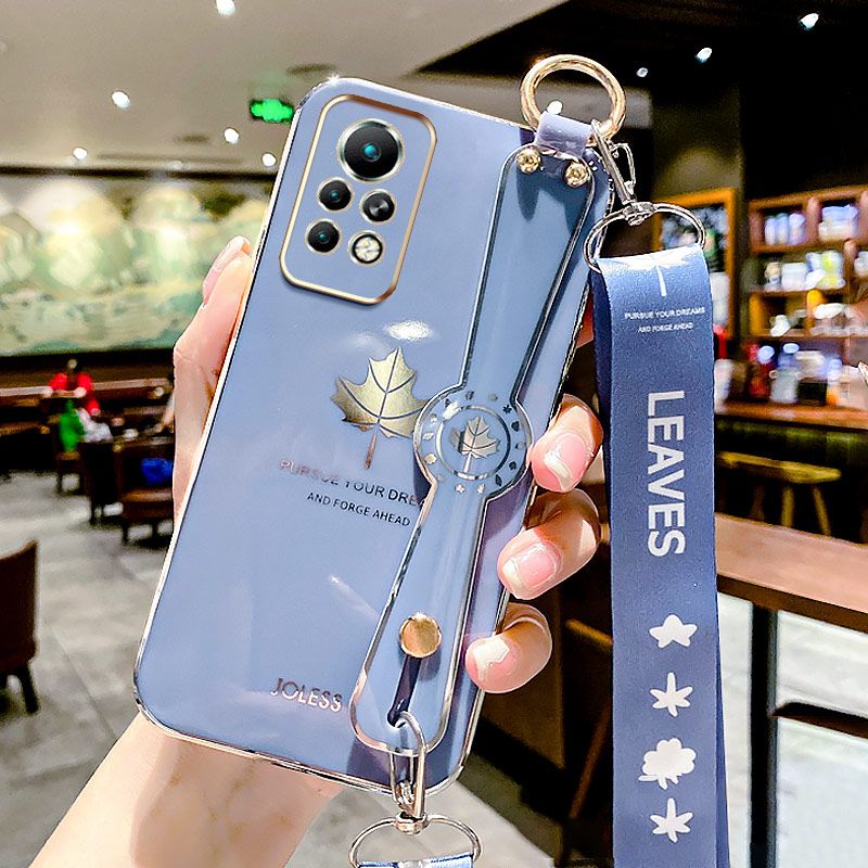 For Infinix Note 11s / Note 11 Pro Back Cover with Lanyard + Wristband Fashion Shiny Maple Leaf Plating Bumper Stand Holder Case Camera Protection Soft Silicone Mobile Phone Cases