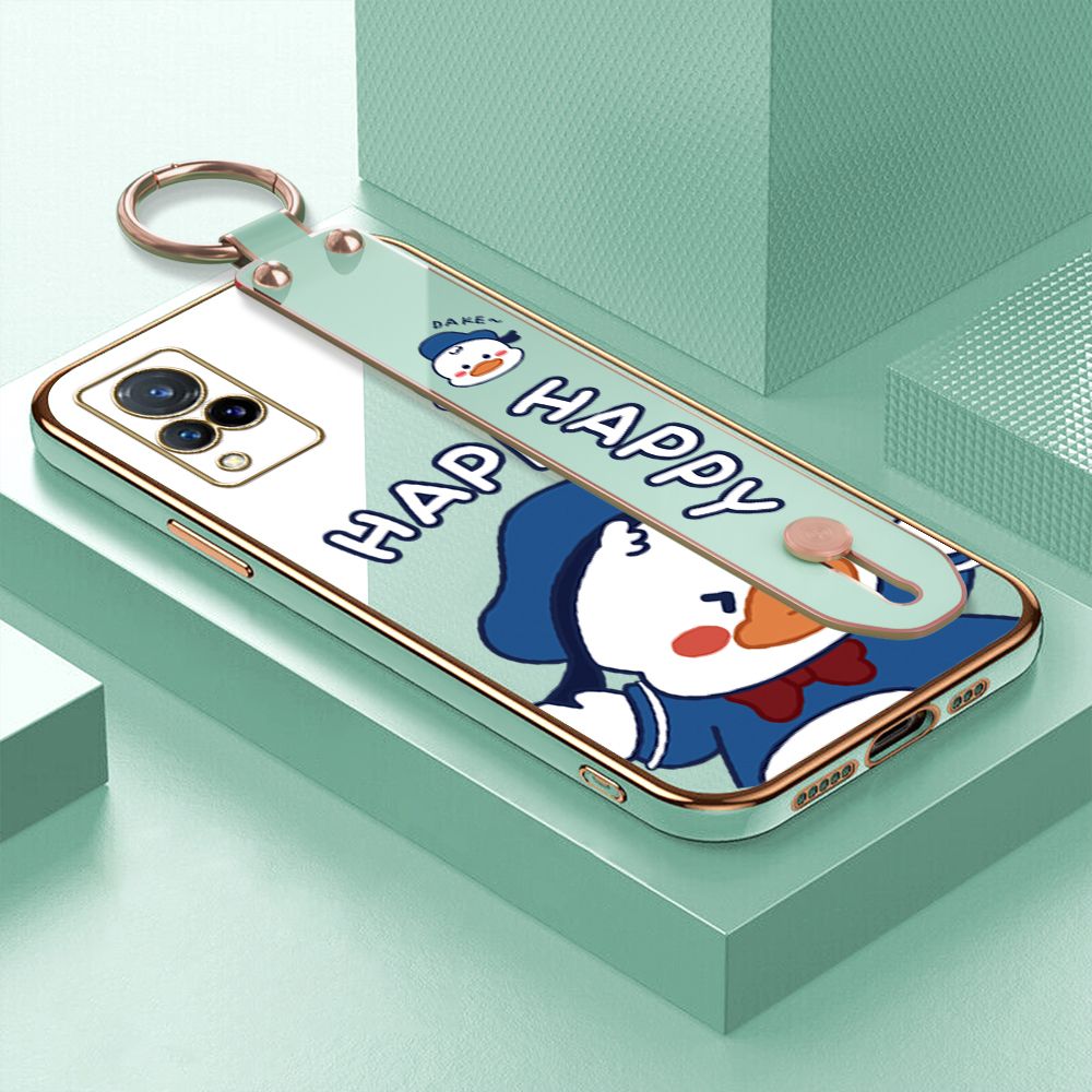 TA for Vivo V21 / V21 5G Wrist Strap Back Cover Cute Duck Fashion Luxury 6D Plating Soft Casing Silicone Square Frame Phone Case