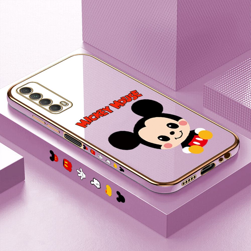 Luxury 6D Plating Case for Huawei Y7A Cute Cartoon Mouse Side Pattern Back Cover Soft Silicone Square Frame Shiny Bling Phone Cases + Free Lanyard