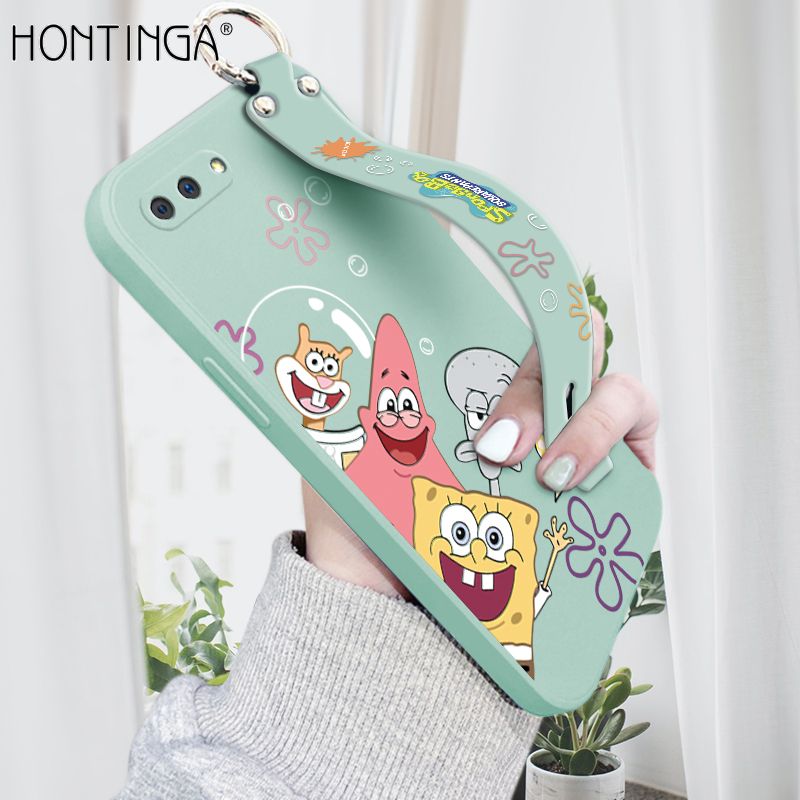Hontinga for OPPO A3S A12E Realme C1 Wrist Strap Case Cute Cute Funny Cartoon Sponge for Square Pants Cover Square Edge Liquid Silicone Anti-drop Phone Case