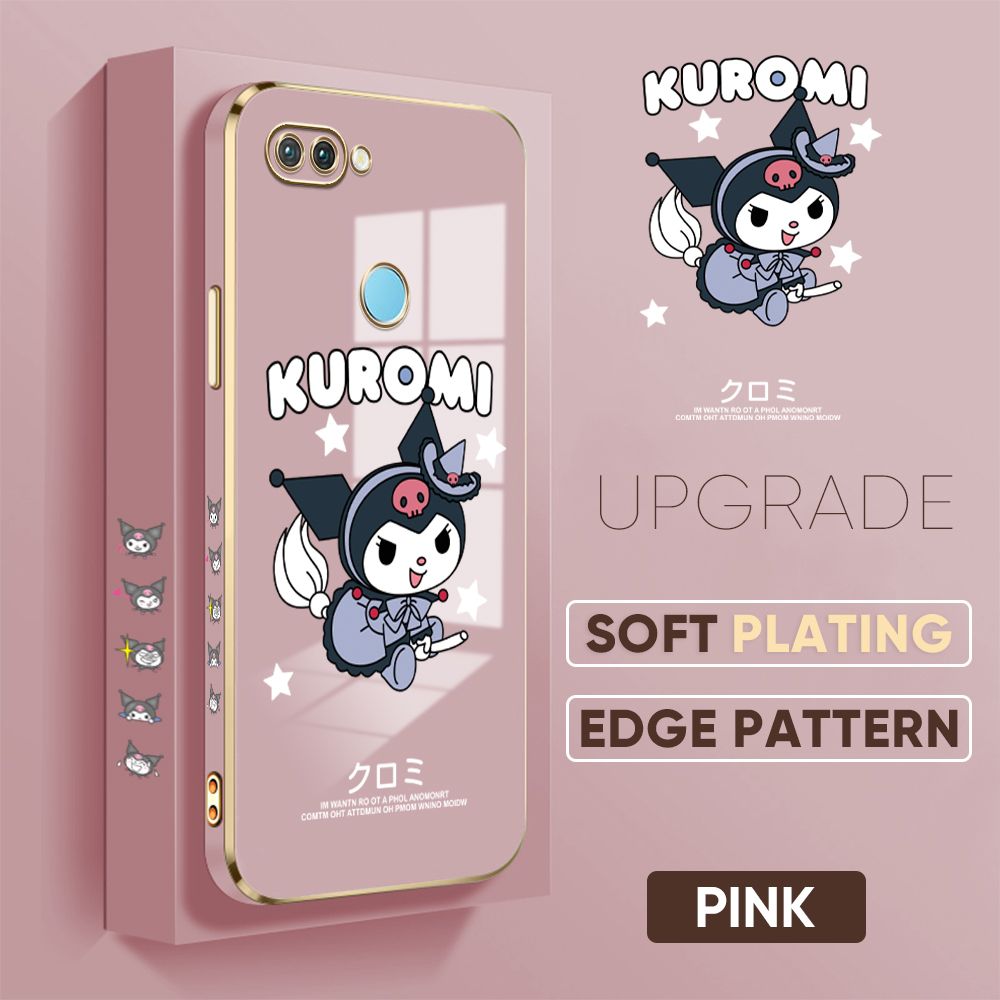 TA for OPPO F9 Realme U1 A7X F9 Pro Back Cover + Free Lanyard Cute Kuromi Luxury 6D Plating Case Side Pattern Soft Silicone Square Phone Cases