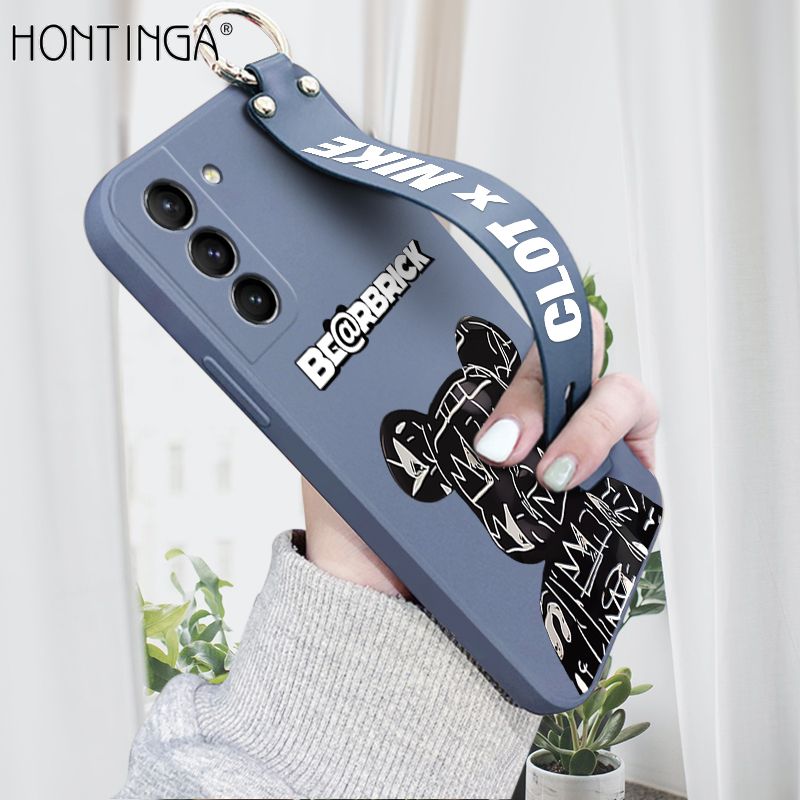 Hontinga for Samsung Galaxy S21 Plus 5G Wrist Strap Case Fashion Black Brand Bear Phone Case Square Edge Liquid Silicone Cases Full Cover Camera Shockproof Protection Cases