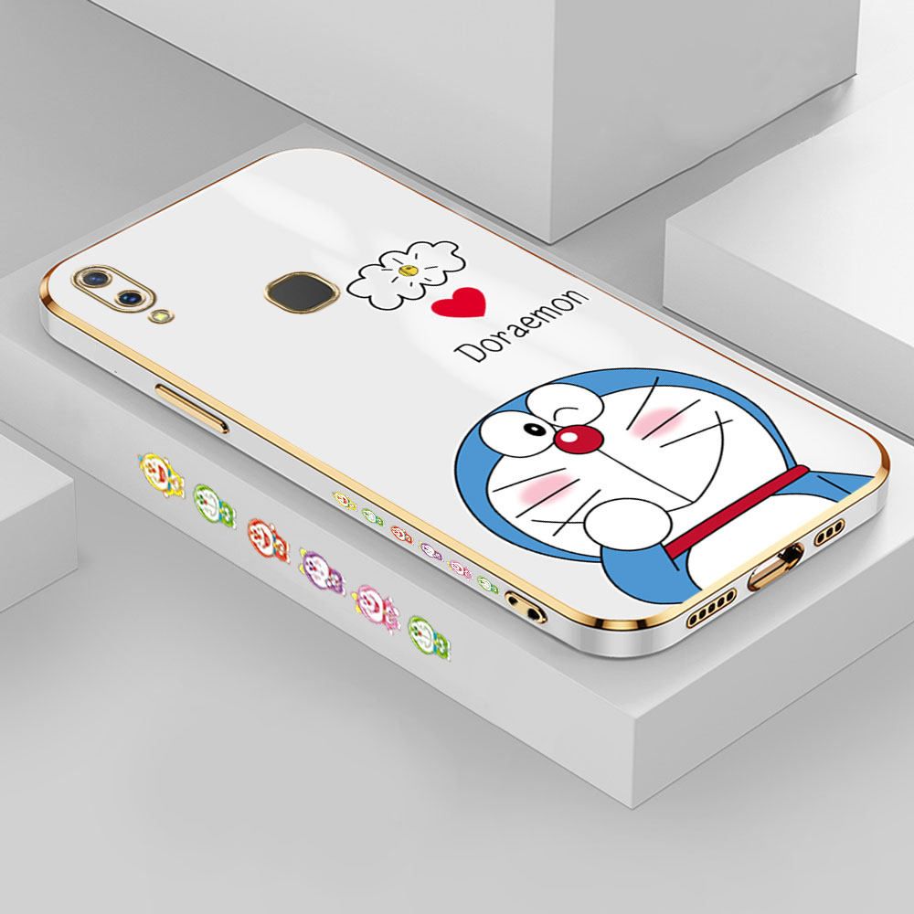 Hontinga for Vivo Y85 Back Cover + Free Lanyard Luxury 6D Plating Grinning Cartoon Cat Side Pattern Case Soft Silicone Square Mobile Cover
