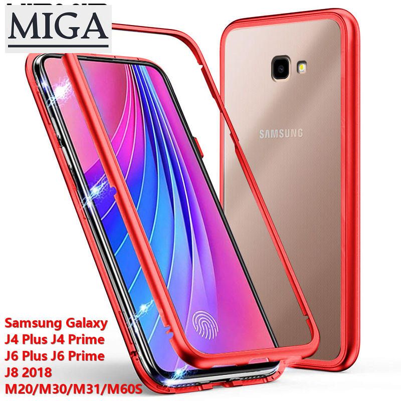 Magnetic Adsorption Phone Case For Samsung Galaxy J4 Plus / J4 Prime / J6 Plus / J6 Prime / J8  / M20 / M30 / M31 / M60S Clear Back Tempered Glass And Front Bumper 2 in 1 Cover Case