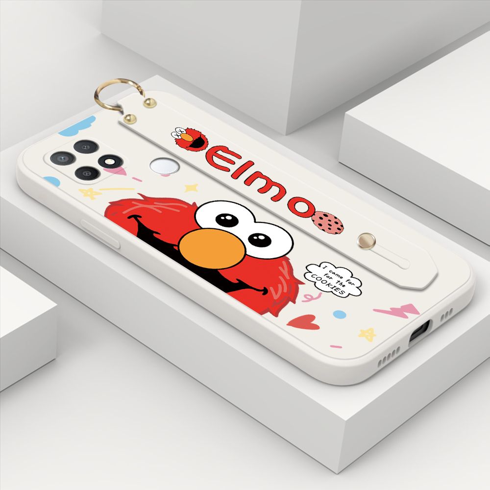 ZeroQiQi for OPPO A15 Wrist Strap Case Cute Cute Cartoon Little Monster Phone Cover Square Edge Liquid Silicone Case Full Cover Camera Shockproof Protective Cases