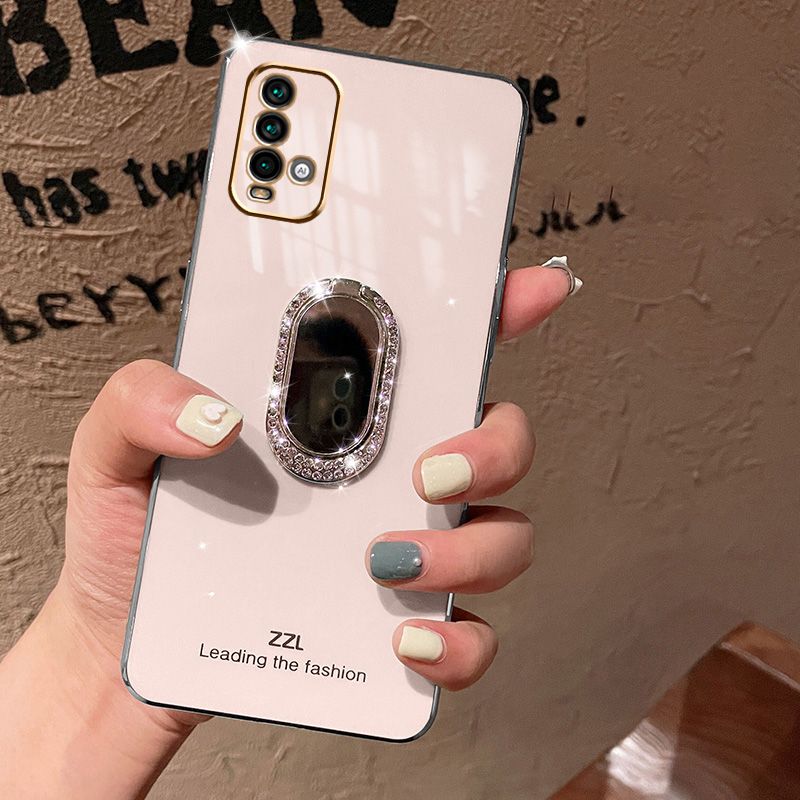 For Xiaomi Redmi 9 Power Back Cover + Rhinestone Ring Holder Stand Shiny Plating Square Bumper Girls Phone Case Soft TPU Silicone Shockproof Protective Cover