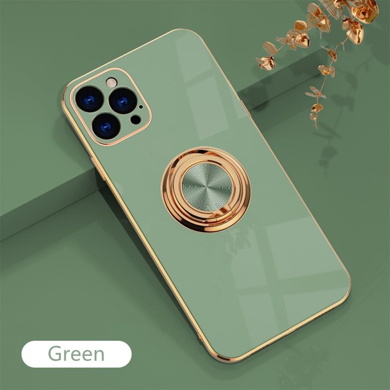 Luxury Plating Silicone Case For iPhone 13 12 11 Pro Xs Max Mini SE X XR 7 8 Plus Plain Metal Ring Holder Stand Soft Phone Cover
