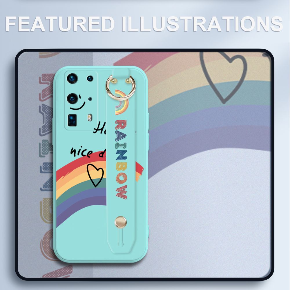 UCUC for Huawei P40 Pro Plus Wrist Strap Case INS Style Smile Rainbow Cover Ultra Thin Anti Fall Liquid Silicone Phone Case