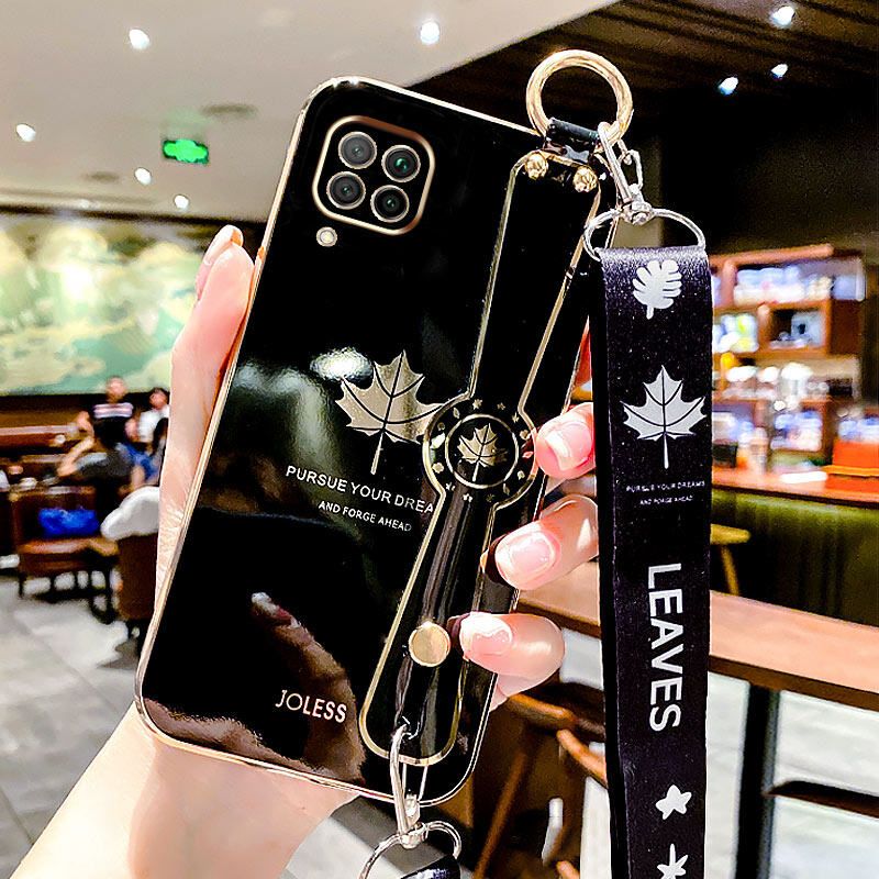 For Huawei Nova 7i Back Cover with Lanyard + Wristband Fashion Shiny Maple Leaf Plating Bumper Stand Holder Case Camera Protection Soft Silicone Mobile Phone Cases