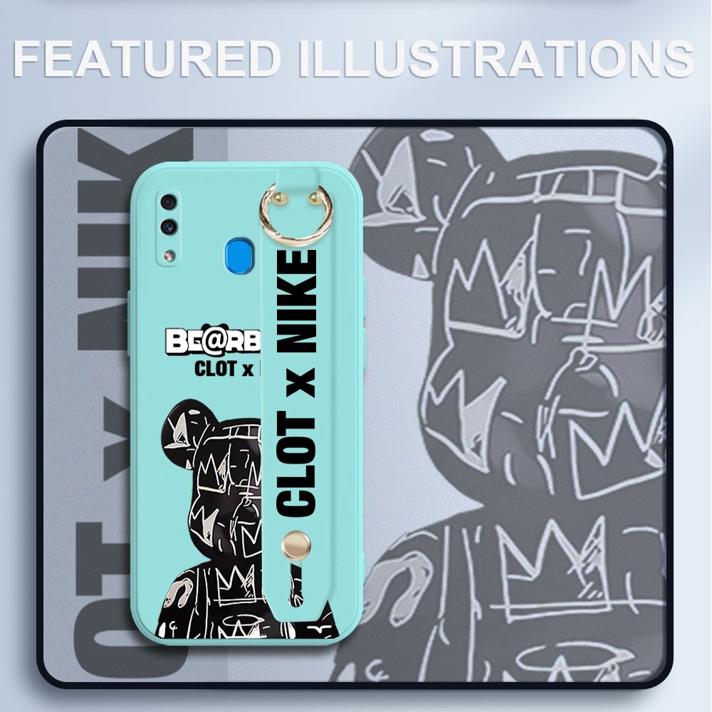 UCUC for Samsung Galaxy A20 Wrist Strap Case Creative Cartoon Black Stitching Bear Cover Ultra Thin Anti Fall Liquid Silicone Phone Case
