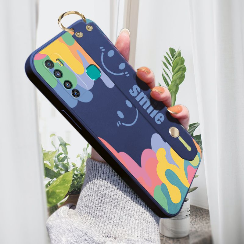 Jizetin for Infinix Hot 9 Wrist Strap Case Soft Candy Color Splash Ink Cover Ultra Thin Anti Fall Liquid Silicone Phone Case