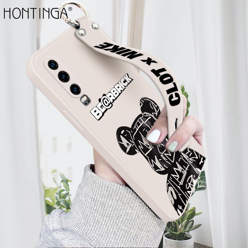 Hontinga for Huawei P30 Wrist Strap Case Fashion Black Brand Bear Phone Case Square Edge Liquid Silicone Cases Full Cover Camera Shockproof Protection Cases