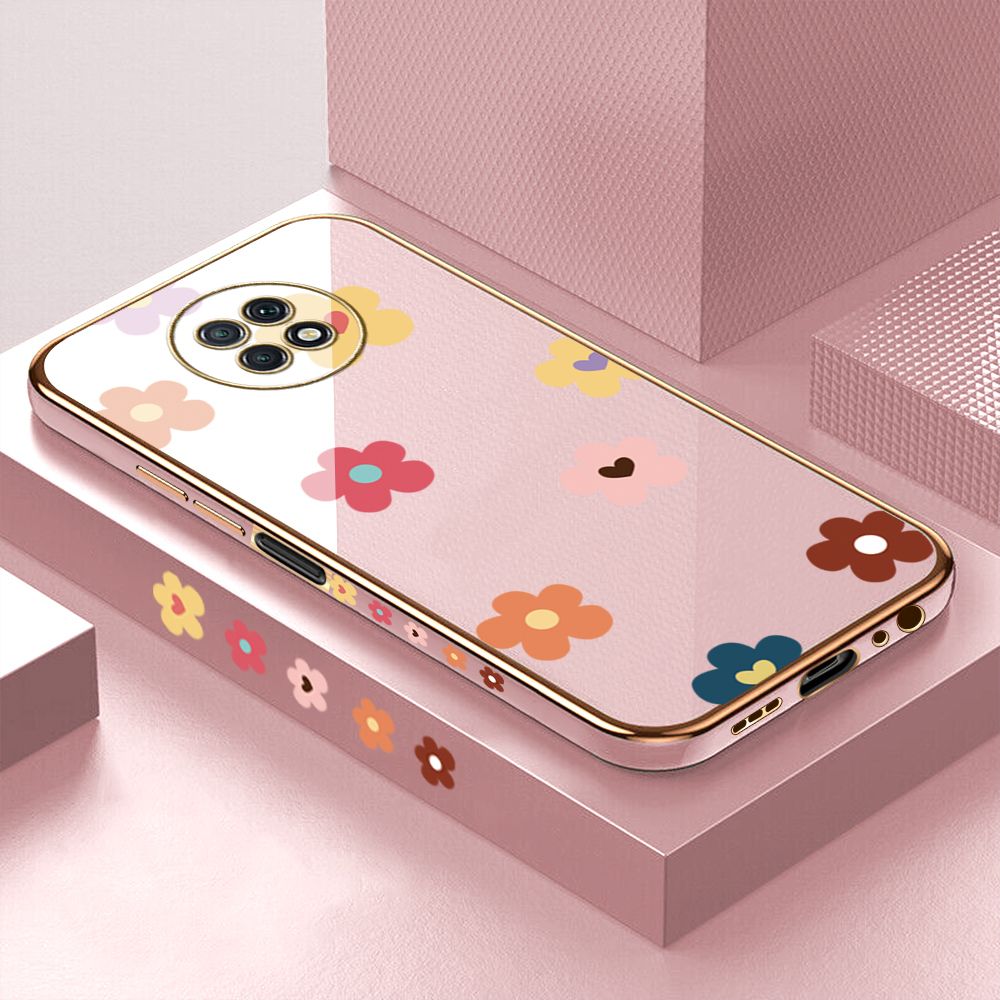 Luxury 6D Plating Case for Xiaomi Redmi Note 9T Color Cartoon Flowers Side Pattern Back Cover Soft Silicone Square Frame Shiny Bling Phone Cases + Free Lanyard