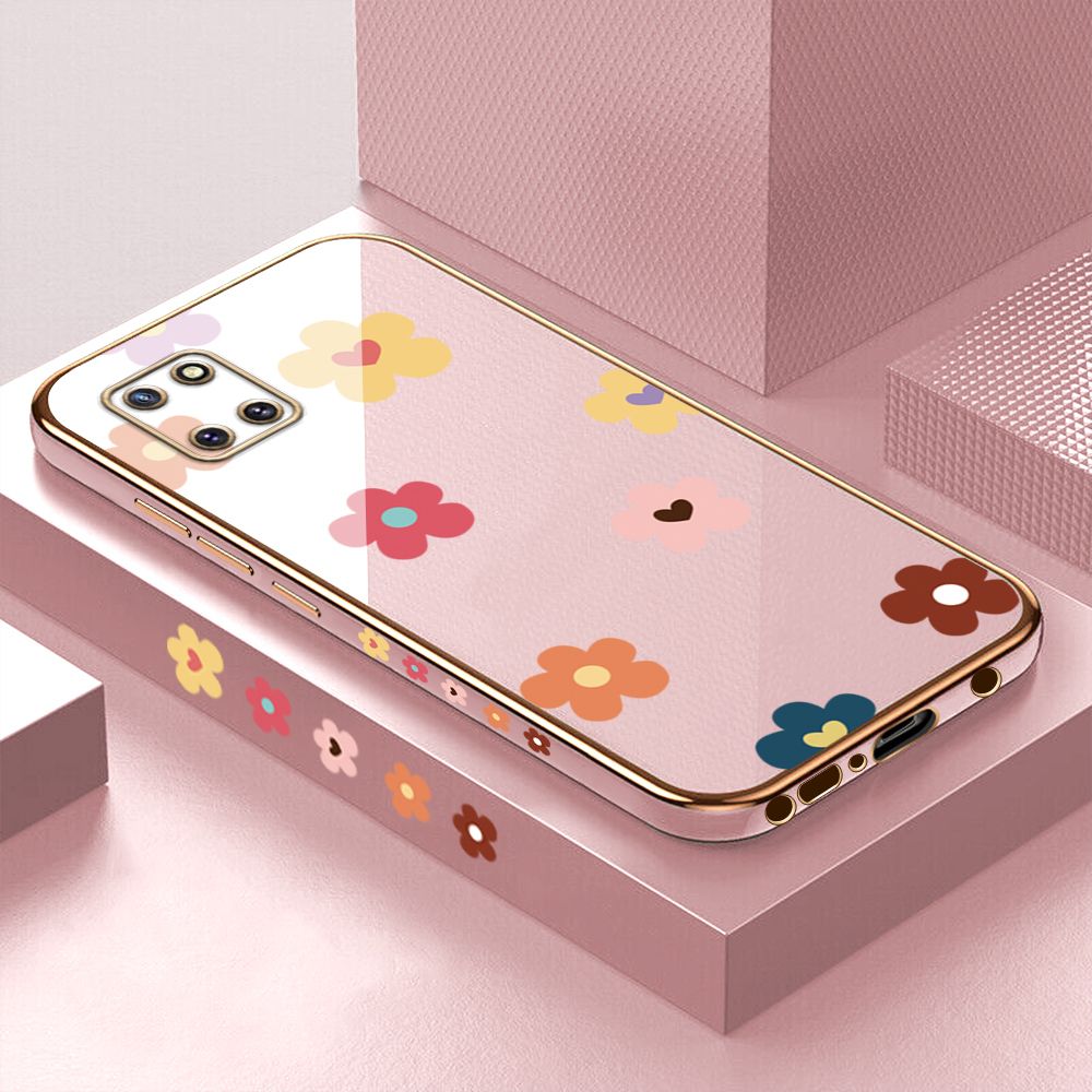 Luxury 6D Plating Case for Samsung Note 10 Lite Color Cartoon Flowers Side Pattern Back Cover Soft Silicone Square Phone Cases + Free Lanyard