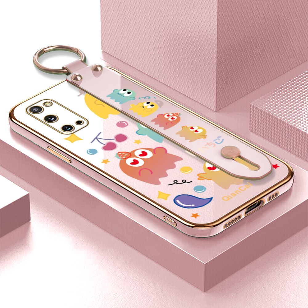 Jizetin for Samsung Galaxy S20 Back Cover Bean Monster Luxury 6D Plating Wrist Strap Phone Cases Soft Silicone Square Mobile Phone Case