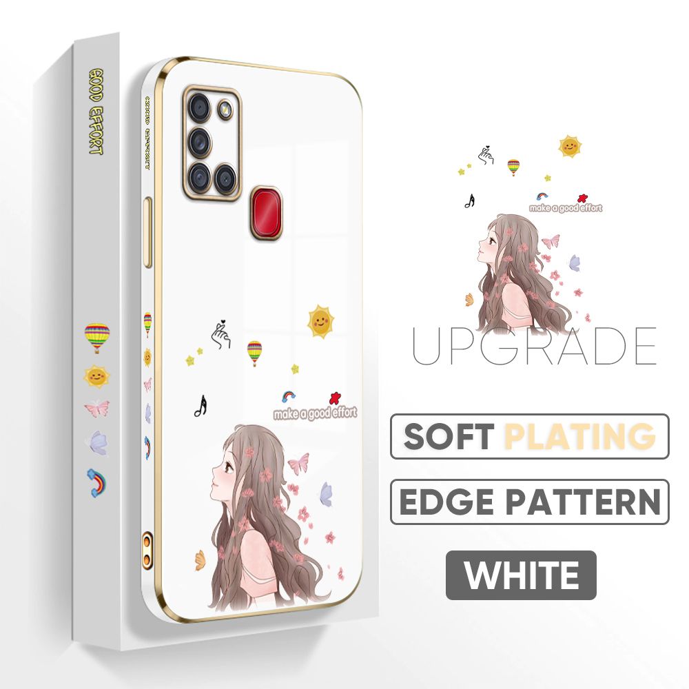 TA for Samsung Galaxy A21s Back Cover + Free Lanyard Charming Girl Luxury 6D Plating Case Side Pattern Soft Silicone Square Phone Cases