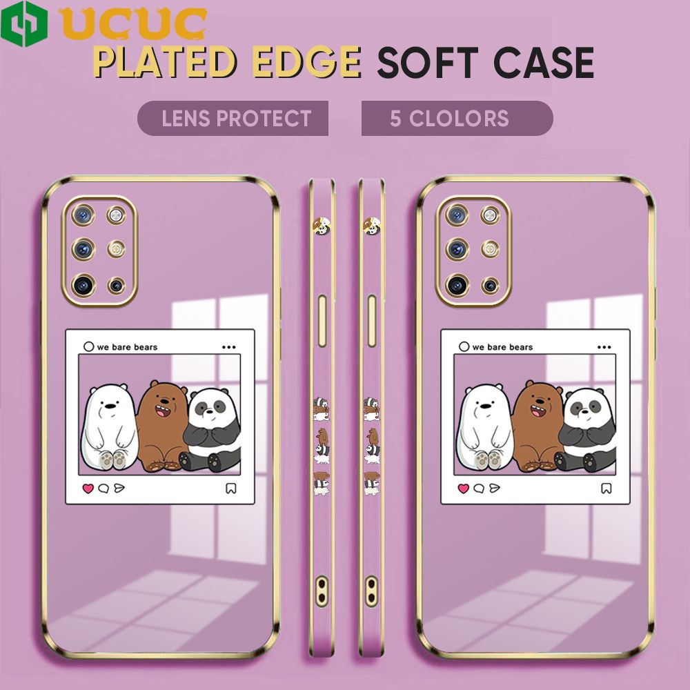 UCUC for OnePlus 8T Cover Bears Photo Luxury 6D Plating Soft Casing Silicone Square Frame Phone Case Shiny Bling Back Cover + Free Lanyard