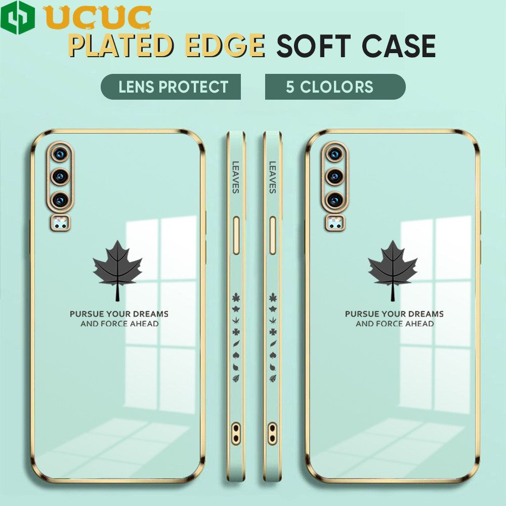 UCUC for Huawei P30 Back Cover + Free Lanyard Maple Leaf Luxury 6D Plating Case Side Pattern Soft Silicone Square Phone Cases