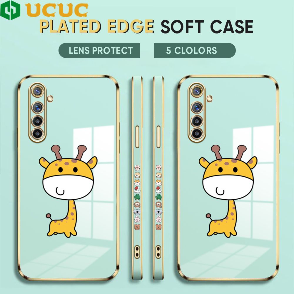 UCUC for Realme 6 / Realme Narzo Back Cover + Free Lanyard Big Head Giraffe Luxury 6D Plating Case Side Pattern Soft Silicone Square Phone Cases